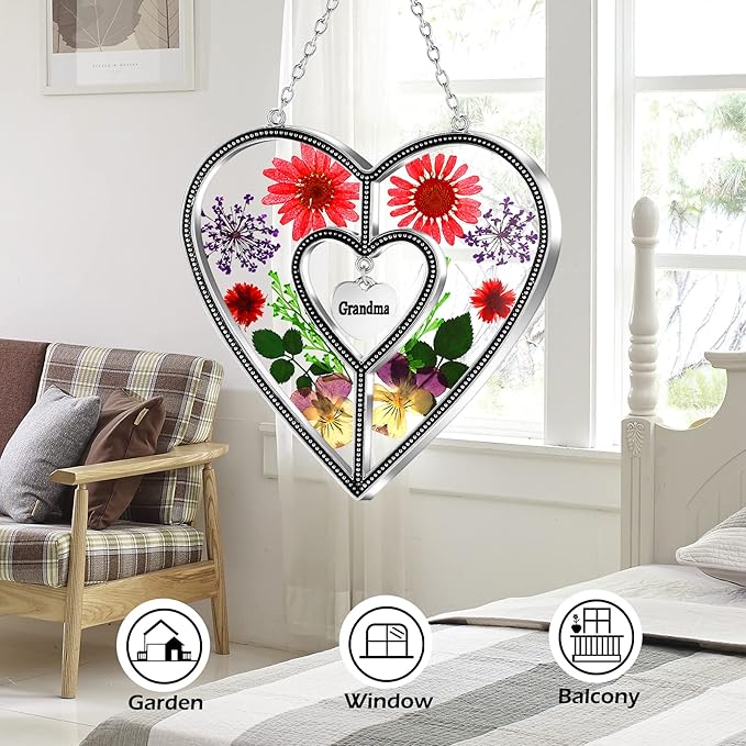 KY&BOSAM Heart Suncatchers Grandma Gift Ornament Stained Glass Sun Catcher Garden hangings Windows with Pressed Flower Heart Embedded in Glass Gifts for Grandma Mother`s Day Birthday Gifts