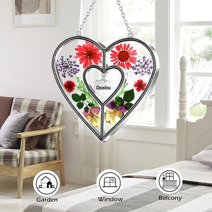 KY&BOSAM Heart Suncatchers Grandma Gift Ornament Stained Glass Sun Catcher Garden hangings Windows with Pressed Flower Heart Embedded in Glass Gifts for Grandma Mother`s Day Birthday Gifts