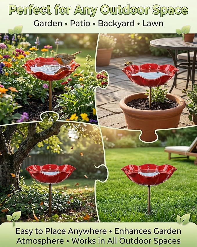 Handmade Metal Flower Garden Stakes Bird Bath Bee Watering Station for Garden Outside Pollinators Birdbaths Bowl for Decorative Outdoors Yard Art Hummingbird Fountain Butterfly Water Feeder Gift(2pcs)