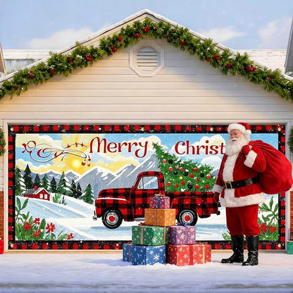 IVN Christmas Garage door banner Red Plaid Truck Christmas Tree Winter Mountain Scene Door Cover Indoor And Outdoor Studio Background Hanging Decoration 13x6ft