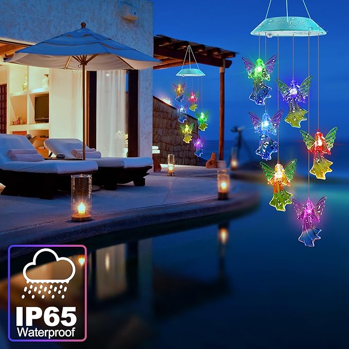 Solar Angel Gift for Mom Girls, Color Changing Solar Wind Chimes for Outside, Outdoor Decorative Mobile Lights for Garden, Yard, Patio, Window, Party Decorations, Gift for Women