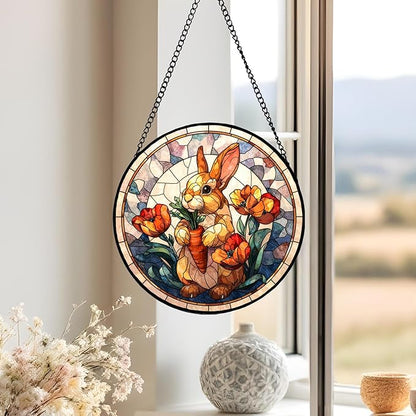 7.88'' Stained Glass Window Hanging, Colorful Rabbit Sun Catchers Glass Panel Flowers Bunny Suncatcher Decor with Hook Chain for Mother's Day Birthday for Women, Men, Wife, Aunt, and Mom