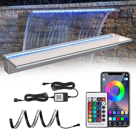 36'' APP Control Waterfall Spillway with RGB LED Lights, Acrylic Pond Fountain Set for Outdoor Decorations, Patio Pool Kit on The Wall for Garden w/16 Color Changing, Easy Installation