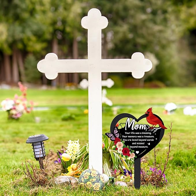 Grave Decorations for Cemetery - Memorial Mom Metal Graves Stakes Outdoors Heart Cardinals Remembrance Plaque Black Waterproof Flower Graveside Burial Decor Sympathy Gifts for Loss of Mother