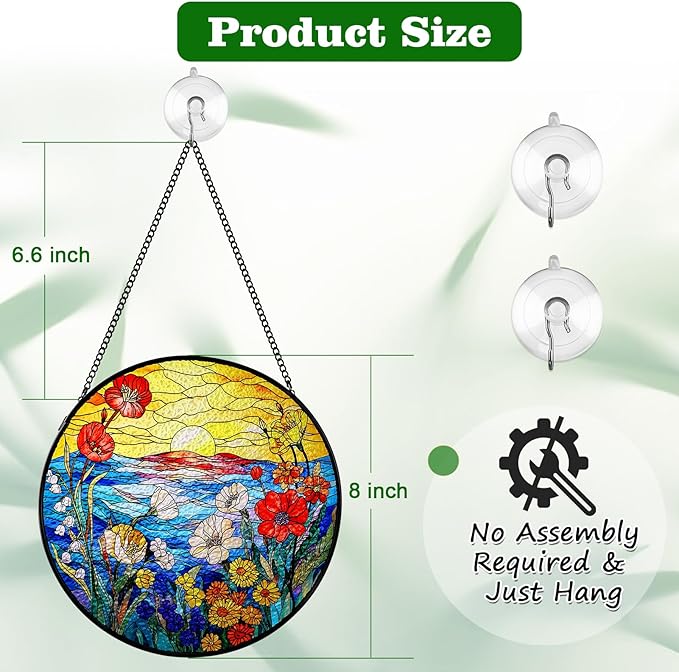 Remiawy Stained Glass Window Hanging, Wildflowers Sunrise 8 Inch Glass Panel with Metal Chain and Hooks Large Window Indoor Wall Art Decor Gift for Women Mother's Day Christmas
