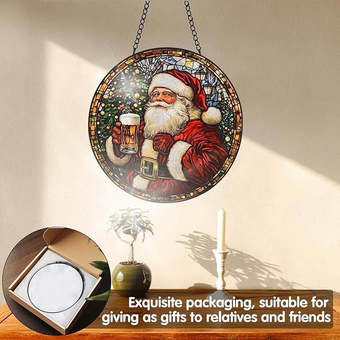 VAIIEYO Christmas Sun Catcher Stained Glass Window Hanging Ornament, Handmade Sun Catcher Santa Claus Decoration with Hooks for Window Garden Home, Christmas & Birthday Housewarming Gift (7.8 inch)