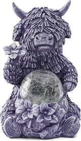 Gray Highland Cow Garden Statue with Solar Crackle Globe Light - Whimsical Resin Figurine for Outdoor Patio, Lawn, Yard Decor, Unique Birthday & Housewarming Gift for Women, Mom, Friends