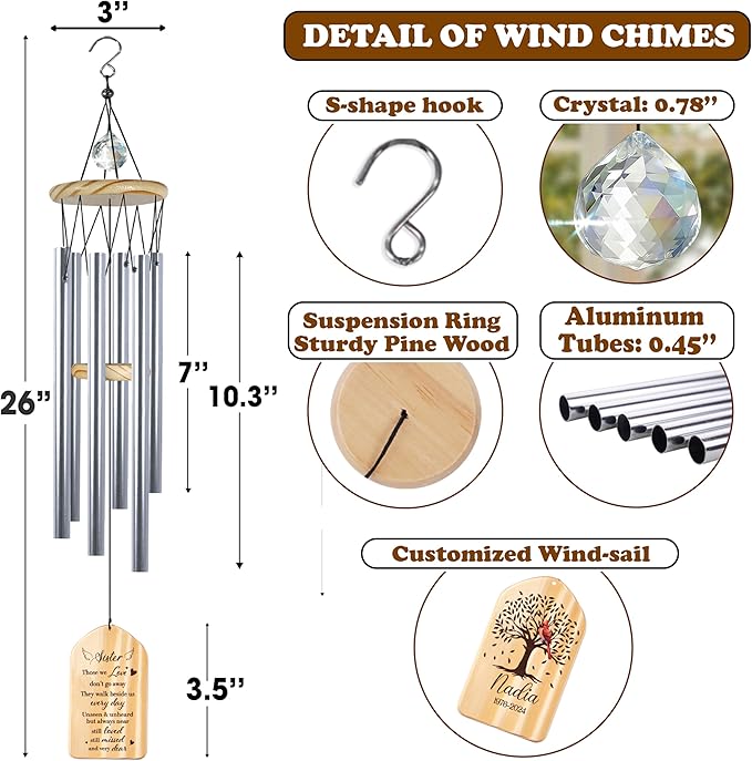Personalized Sister Cardinal Memorial Crystal Wind Chimes Remembrance Sympathy Ornament Keepsake in Memory of Sibling Elder Sister Female Cousin Custom Name Bereavement Condolence Gift Outdoor Hanging