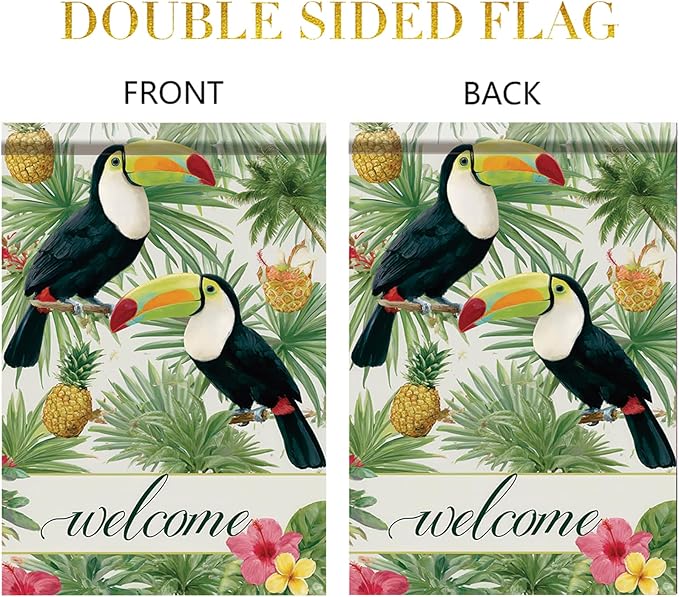 Welcome Toucan Garden Flag Tropical Bird Pineapple Palm Leaves Outdoor Yard Porch Lawn Garden Decor for Summer Island Patio Farmhouse Coastal Seasonal Home Display