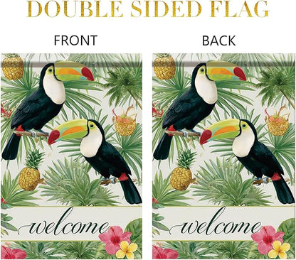 Welcome Toucan Garden Flag Tropical Bird Pineapple Palm Leaves Outdoor Yard Porch Lawn Garden Decor for Summer Island Patio Farmhouse Coastal Seasonal Home Display