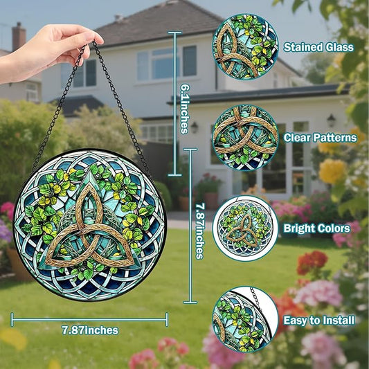 Celtic Knot Stained Glass Window Hanging, Suncatcher Diamond Glass Panel Hangings, Sun Catchers Indoor Windows Wall Art Decoration, Christmas Decor for Home Office Garden Green 7.87 inches