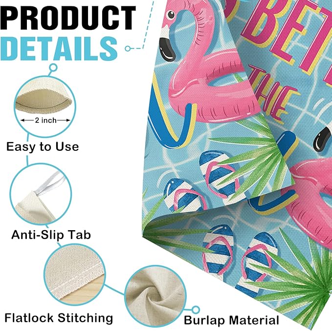 Dyrenson Summer Life is Better by The Pool 28 x 40 House Flag Double Sided, Flamingo Swim Rings Tropical Palm Leaves Garden Yard Decoration, Flip Flops Ball Outdoor Décor Decorative Large Flag