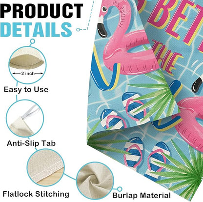 Dyrenson Summer Life is Better by The Pool 28 x 40 House Flag Double Sided, Flamingo Swim Rings Tropical Palm Leaves Garden Yard Decoration, Flip Flops Ball Outdoor Décor Decorative Large Flag