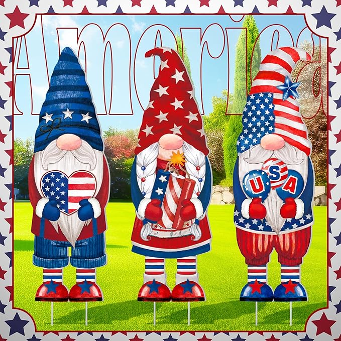 Umigy 3 Pcs 4th of July Yard Decor 32 x 10 Inch Outdoor Independence Day Gnome Yard Sign with Stakes Patriotic Red Blue White Lawn Garden Decoration United States 250th Anniversary Decor