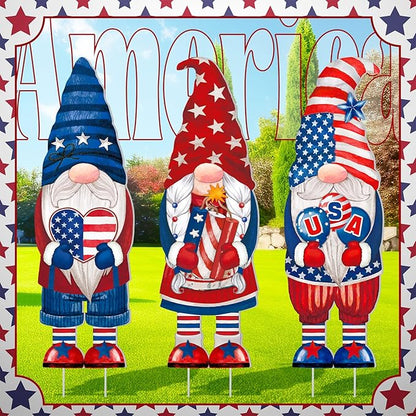 Umigy 3 Pcs 4th of July Yard Decor 32 x 10 Inch Outdoor Independence Day Gnome Yard Sign with Stakes Patriotic Red Blue White Lawn Garden Decoration United States 250th Anniversary Decor