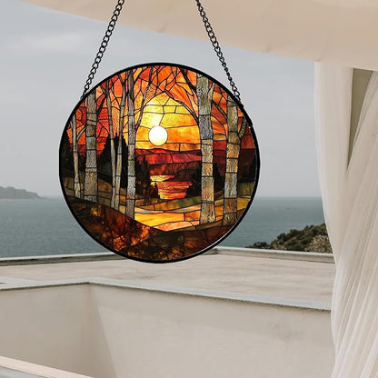 Stained Glass Window Hanging, Orange Red Landscape Forest Lake Moon Suncatcher for Doors Window Home Sun Catchers Decor Mother's Day Birthday Gifts for Women Men Mom 11.8 in