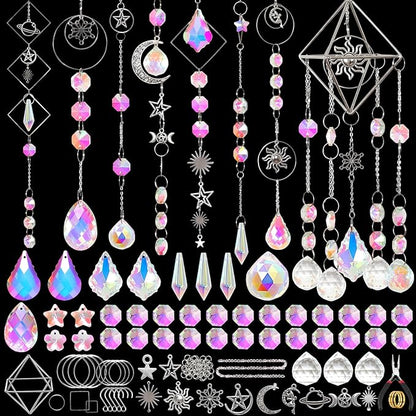 Crystal Suncatchers Kits, 330 PCS Suncatchers Making Kits Wind Chime Hanging Decorative Suncatcher with Rainbow Maker Craft for Adult Window Indoor Outdoor Xmas Garden Decor (Silver)
