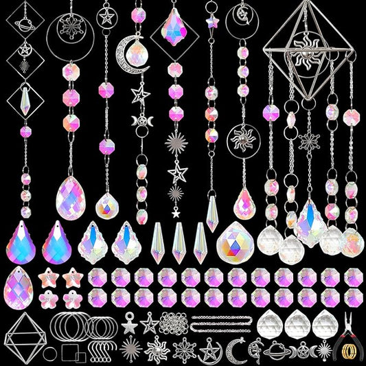 Crystal Suncatchers Kits, 330 PCS Suncatchers Making Kits Wind Chime Hanging Decorative Suncatcher with Rainbow Maker Craft for Adult Window Indoor Outdoor Xmas Garden Decor (Silver)