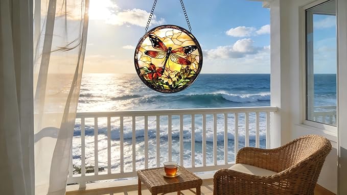 Stained Glass Window Hanging - A Dragonfly is Docked in The Garden 6.3 Inches Suncatcher for Garden Home Decor for Women Mon Grandma Friends