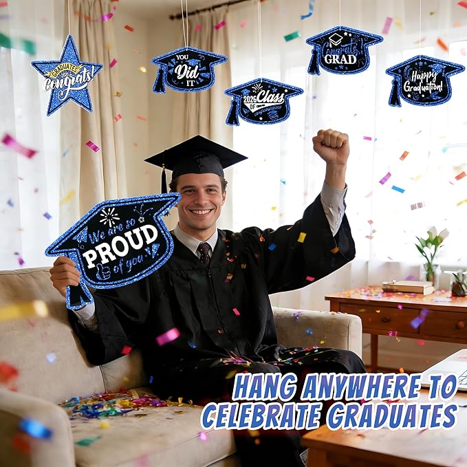 13Pcs Graduation Yard Signs Class of 2026 Large Congrats Grad Sign with Stakes & String Hanging Graduation Decorations for Indoor Outdoor Yard Lawn Porch School (Blue)