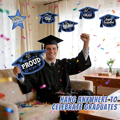 13Pcs Graduation Yard Signs Class of 2026 Large Congrats Grad Sign with Stakes & String Hanging Graduation Decorations for Indoor Outdoor Yard Lawn Porch School (Blue)