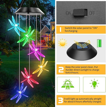 Dragonfly Solar Wind Chimes Outdoor, Color Changing Solar Lights, Gifts for Mom Grandma, Waterproof Decorative Mobile Light, Gardening Gift for Garden,Patio, Window, Yard, Outdoor Decor