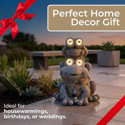 Frogs Piggy Back Ride with Solar Eyes Statue for Garden Decor - Stone Like Figurine for Front Porch, Outdoor Garden, Patio, and Yard Decor - Sculptural Yard Art for Entryway - 14", Gray & Yellow