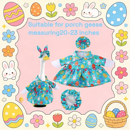 Easter Outfit for Porch Goose, Bunny Ear Hat with Easter Egg, Blue Dress Fit 17-23 Inch Goose Decoration, Holiday Costume for Front Porch Lawn Garden