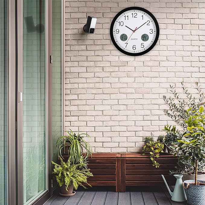 jomparis Outdoor Clock Waterproof with Thermometer Combo Metal Frame Silent Wall Clock for Patio Pool 12 Inch