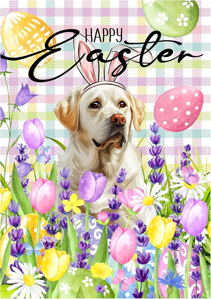 Happy Easter Labrador Dog Garden Flag White Lab Spring Flags Buffalo Plaid Bunny Eggs Yard Flag for Outside 12x18 Double Sided Small Decorative Floral Outdoor Flag