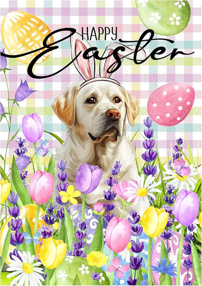 Happy Easter Labrador Dog Garden Flag White Lab Spring Flags Buffalo Plaid Bunny Eggs Yard Flag for Outside 12x18 Double Sided Small Decorative Floral Outdoor Flag
