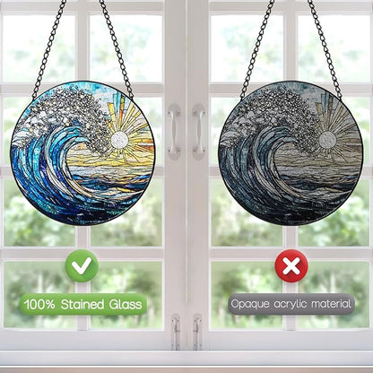 Stained Glass Window Hanging, 8 Inch Sea Wave Suncatcher, Sun Catchers Indoor Window, Ocean Suncatchers for Windows Hanging, Spring Home Garden Coastal Decor Panel, Beach Lover Gift for Women Mom Wife
