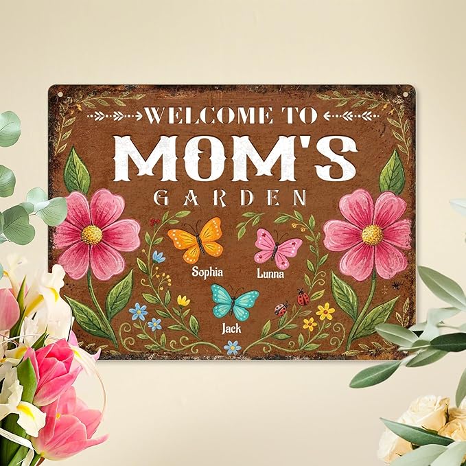 Personalized Garden Signs for Outside Custom Metal Tin Sign for Women, Retro Funny Mom Metal Sign Patio, Yard Rustic Home Decor Gift for Mothers Day, Grandmas, and Gardening Lovers
