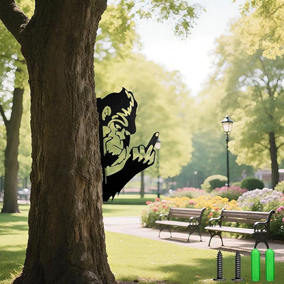 Bigfoot Middle Finger Metal Yard Sign – Funny Prank Decor, Peeking Sasquatch Tree Silhouette Outline, Peeping Wall Decoration