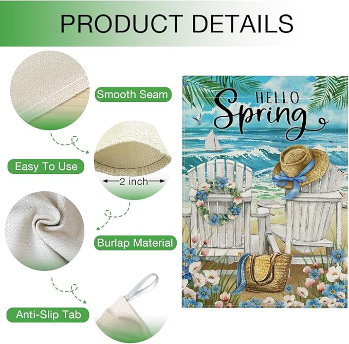 Hzppyz Hello Spring Chairs House Flag Double Sided, Forget Me Not Flower Coastal Beach Decorative Garden Yard Outdoor Large Decor, Nautical Sailboat Bag Hat Burlap Home Outside Decoration 28 x 40