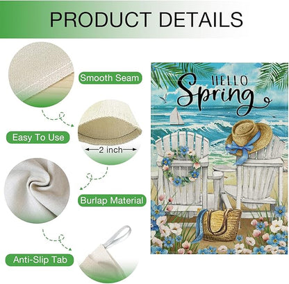 Hzppyz Hello Spring Chairs House Flag Double Sided, Forget Me Not Flower Coastal Beach Decorative Garden Yard Outdoor Large Decor, Nautical Sailboat Bag Hat Burlap Home Outside Decoration 28 x 40