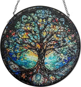 Stained Glass Window Hanging, Tree of Life Suncatcher Glass Panel Decor, Light Catcher Ornament Decoration for Outdoor Indoor Garden Porch Patio, Birthday Housewarmin Gift for Women Men Mom, 7.8 Inch