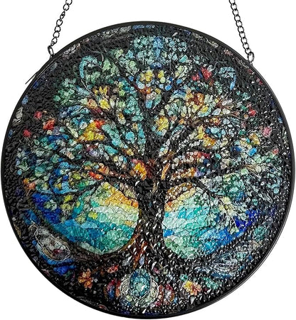Stained Glass Window Hanging, Tree of Life Suncatcher Glass Panel Decor, Light Catcher Ornament Decoration for Outdoor Indoor Garden Porch Patio, Birthday Housewarmin Gift for Women Men Mom, 7.8 Inch