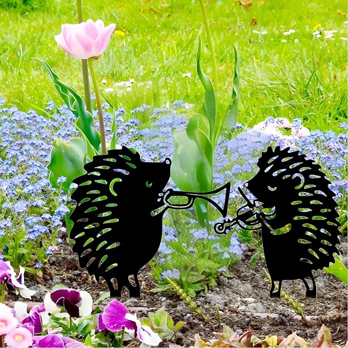 Metal Garden Stake Decor, Acrylic 2D Garden Decoration, Garden Accessories for Outdoor Indoor Yard Lawn Pot Plants (2PCS-Hedgehog)
