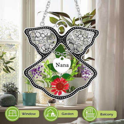 KY&BOSAM Angel Suncatcher Nana Stained Glass for Windows Hangings Wind Chime Home Decor with Pressed Drived Flower in Glass and Metal Charm Birthdays Gifts for Nana Mothers Day Valentines Christmas