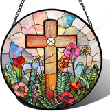 DASTOLL Christian Gifts for Women - Cross Stained Glass Window Hanging Easter Colorful Wildflowers Sun Catcher Garden Religion Decor Mother's Day Catholic Gift for Men Grandma Mom Nana Her 7.8"
