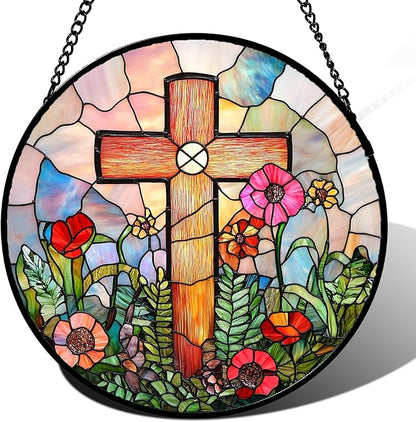 DASTOLL Christian Gifts for Women - Cross Stained Glass Window Hanging Easter Colorful Wildflowers Sun Catcher Garden Religion Decor Mother's Day Catholic Gift for Men Grandma Mom Nana Her 15"