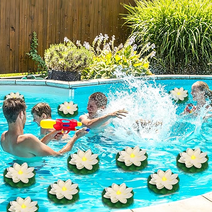 LACGO 24 PCS Waterproof Floating Lotus Lights - 5 Inch Floating Pool Flowers Battery Operated Water Activated Warm White Pool Flower Lights Wedding Anniversary Garden Decoration