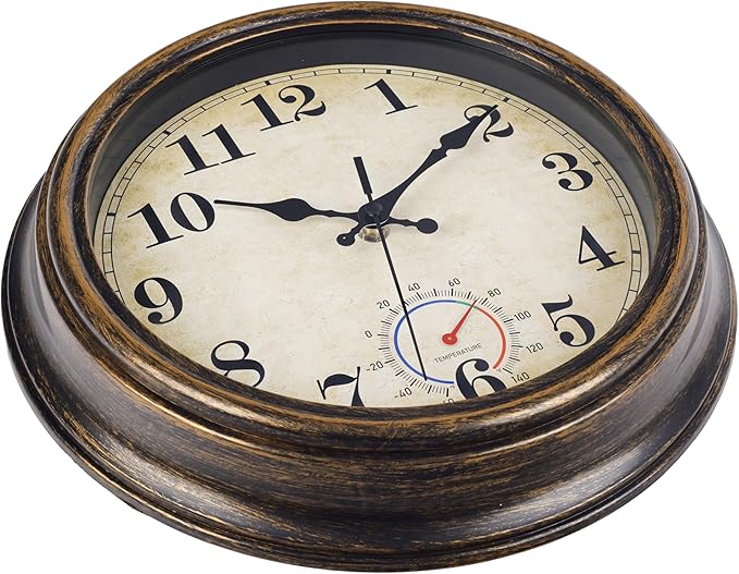 Outdoor Clocks Waterproof with Thermometer Vintage Wall Clock Decor for Bathroom Patio Pool Garden(12 Inch)