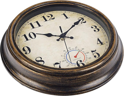 Outdoor Clocks Waterproof with Thermometer Vintage Wall Clock Decor for Bathroom Patio Pool Garden(12 Inch)