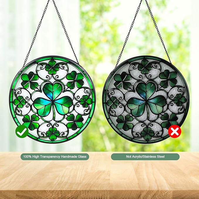 Ireland Green Lucky Clover Stained Glass Window Hanging Suncatcher with Chain - 7.9" Irish Shamrock Outdoor/Indoor Art Decor for Home Garden, St. Patrick's Day, Mother's,Ornaments Present