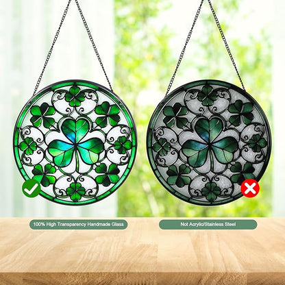 Ireland Green Lucky Clover Stained Glass Window Hanging Suncatcher with Chain - 7.9" Irish Shamrock Outdoor/Indoor Art Decor for Home Garden, St. Patrick's Day, Mother's,Ornaments Present