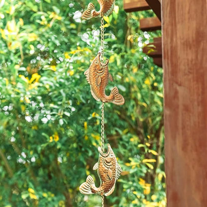 Glitzhome 8.5ft Rain Chain for Gutters 9-Piece Faux Copper Patina Finish Fish Shaped Catcher Replacement for Downpout