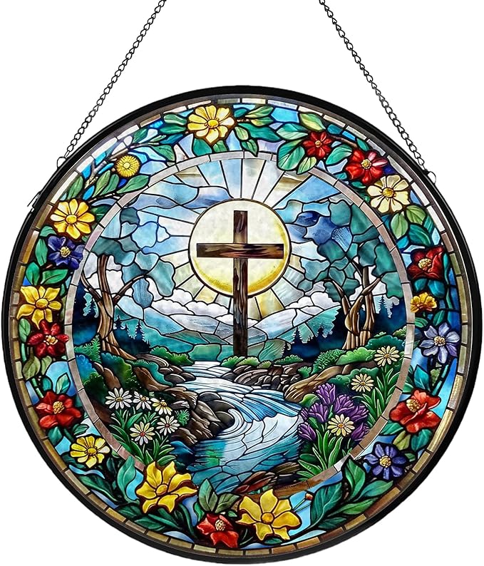Cross Stained Glass Window Hanging, Wildflower Suncatcher Diamond Glass Panel Hangings, Sun Catchers Indoor Windows Wall Art Decor, Pastor Christian Gift, Christmas Decor for Home Office 7.87 inches