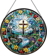 Cross Stained Glass Window Hanging, Wildflower Suncatcher Diamond Glass Panel Hangings, Sun Catchers Indoor Windows Wall Art Decor, Pastor Christian Gift, Christmas Decor for Home Office 7.87 inches